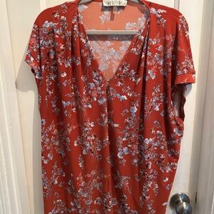 Kasper Rust Floral V Neck with O Ring 3X Rayon